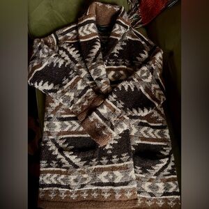 Ralph Lauren Vintage Brown & Cream Shawl Patterned Cardigan Thick Wool Sweater